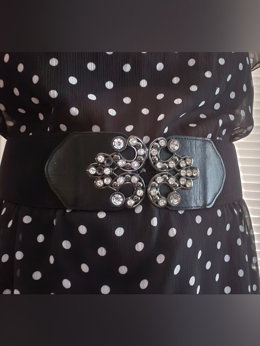 Black Elastic Waist Belt with Rhinestone Buckle